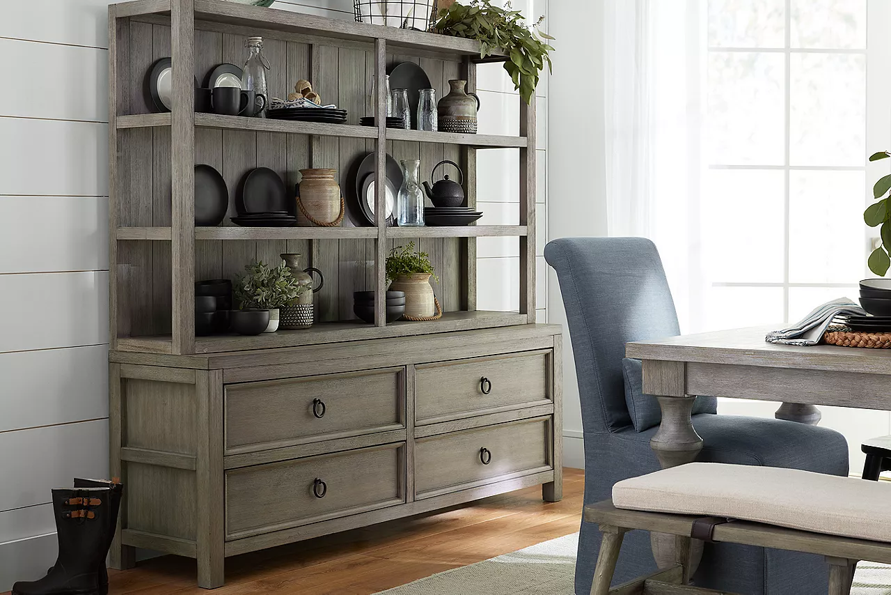 Remington Rectangle Dining Table, Dining Bench, and China Cabinet in Grey and Dining Chairs in Black and Mariah Parsons Chair in Alexander Denim in a room scene.